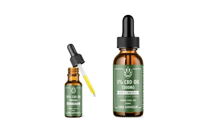Raw & Original CBD oil bottles, a 10ml bottle with its dropper lifted out beside a 30ml bottle