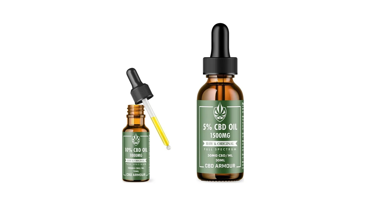 Raw & Original CBD oil bottles, a 10ml bottle with its dropper lifted out beside a 30ml bottle
