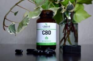 a bottle of cbd sitting next to a vase of flowers