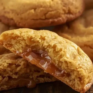 Golden baked cookies with one broken in half to show a soft centre