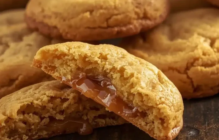 Golden baked cookies with one broken in half to show a soft centre