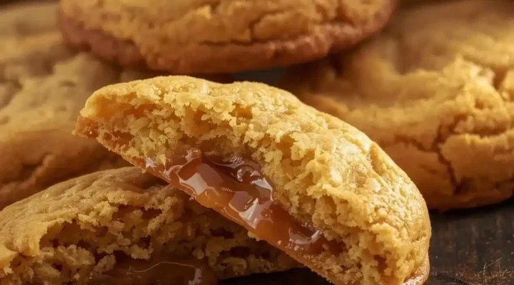 Golden baked cookies with one broken in half to show a soft centre