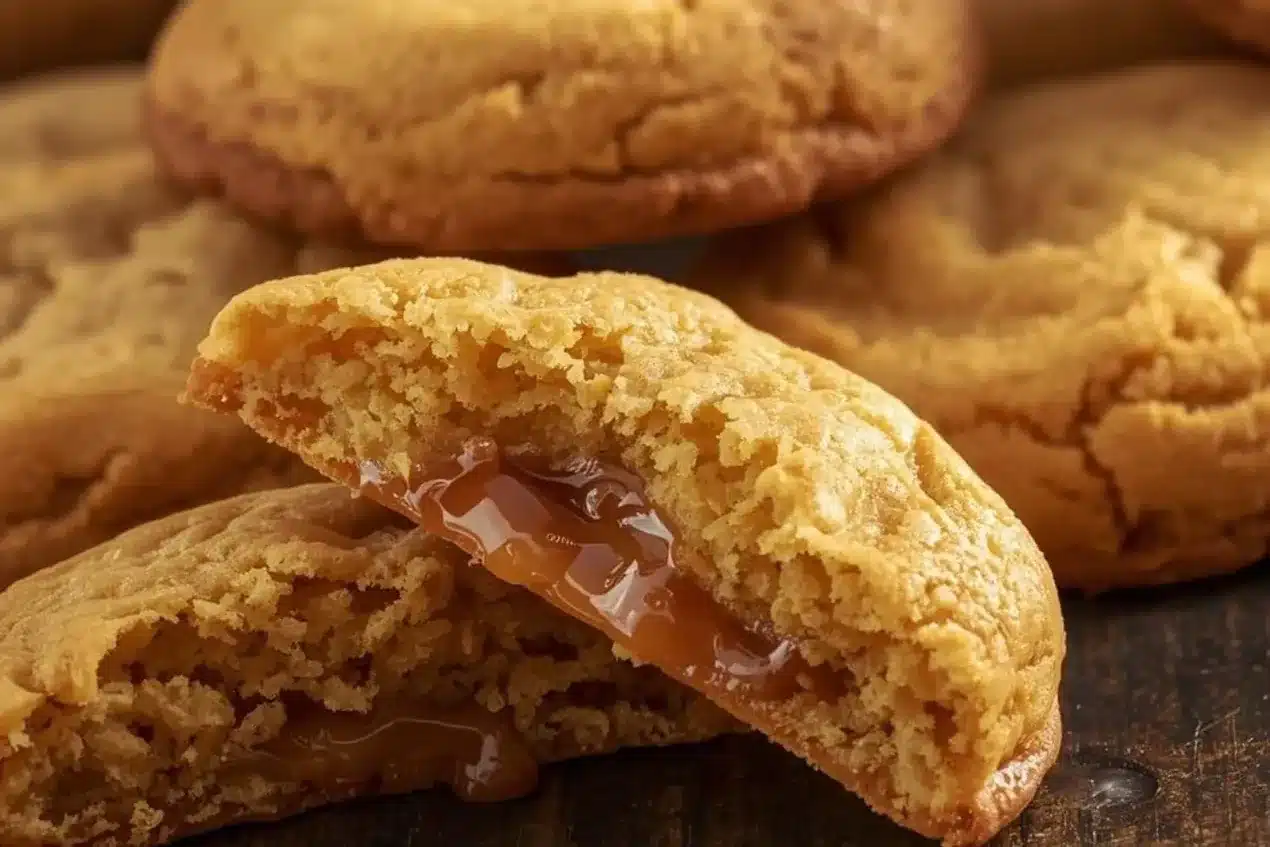 Golden baked cookies with one broken in half to show a soft centre