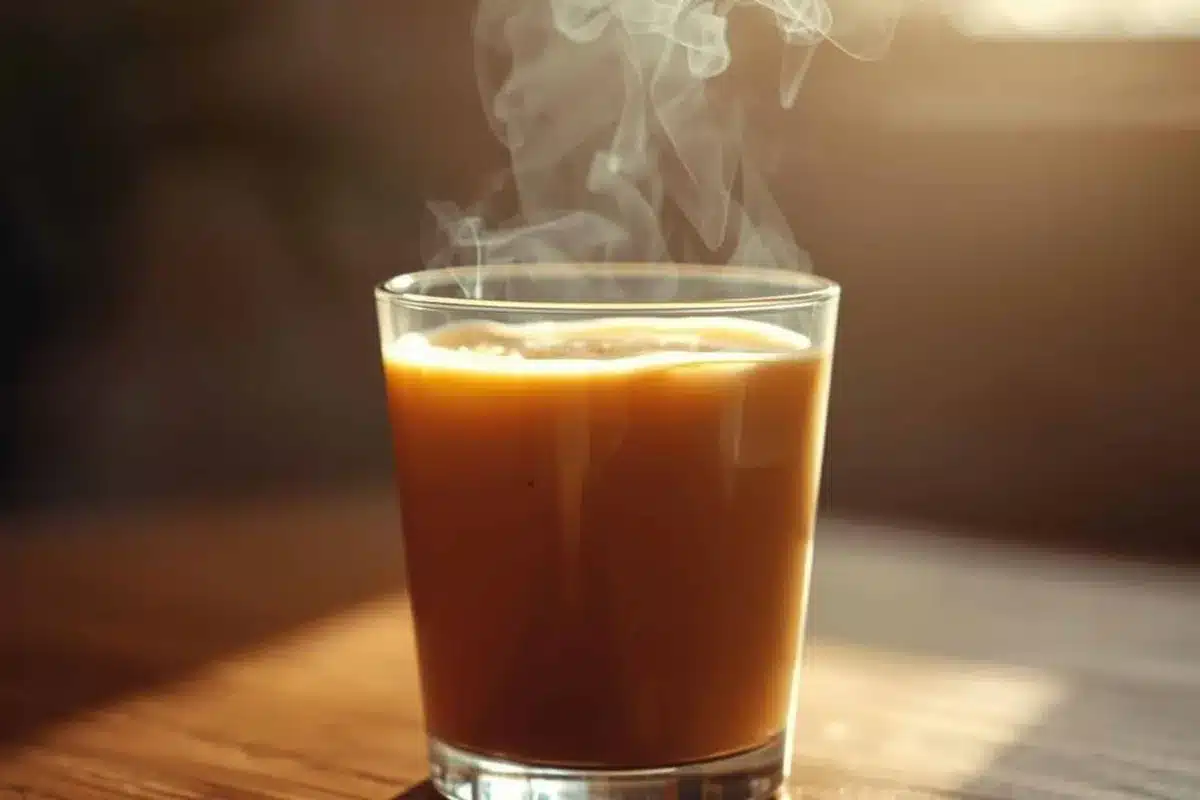 Glass of black coffee with steam rising, on a wooden table