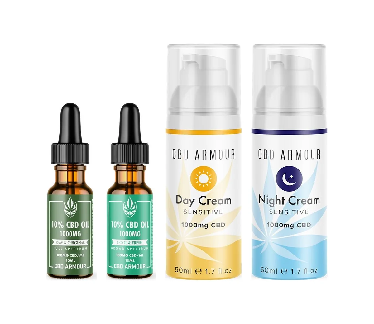 CBD Armour Raw & Original and Cool & Fresh CBD oil bottles beside the day and night face creams