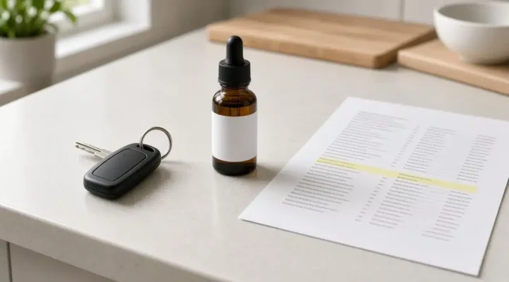 Car key beside an amber dropper bottle with a blank label and a printed sheet with one highlighted row on a kitchen counter