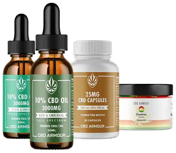 CBD Armour Cool & Fresh and Raw & Original CBD oil bottles, a CBD capsules tub and a gummies jar