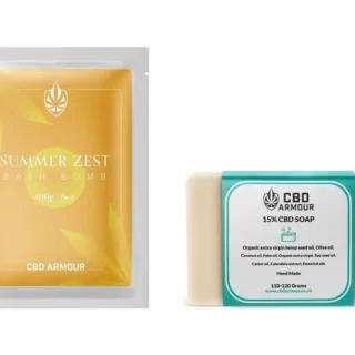 CBD Armour bath bomb sachet and CBD soap bar