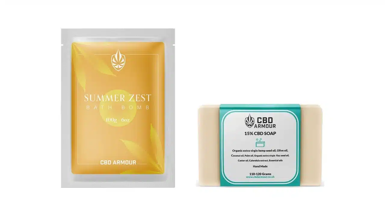 CBD Armour bath bomb sachet and CBD soap bar