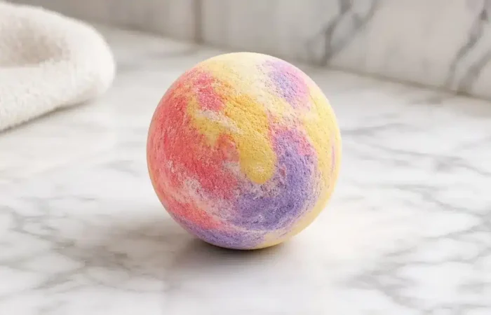 A round, multicoloured bath bomb on a marble bathroom surface