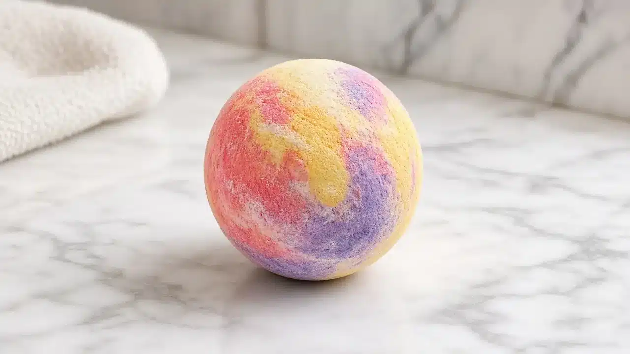 A round, multicoloured bath bomb on a marble bathroom surface