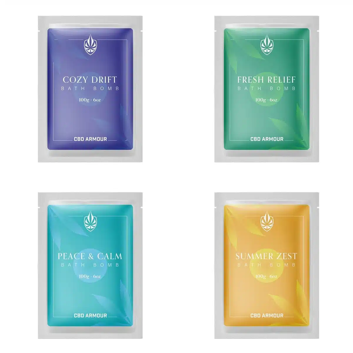 CBD Armour bath bomb pouches in four variants: Cozy Drift, Fresh Relief, Peace & Calm and Summer Zest