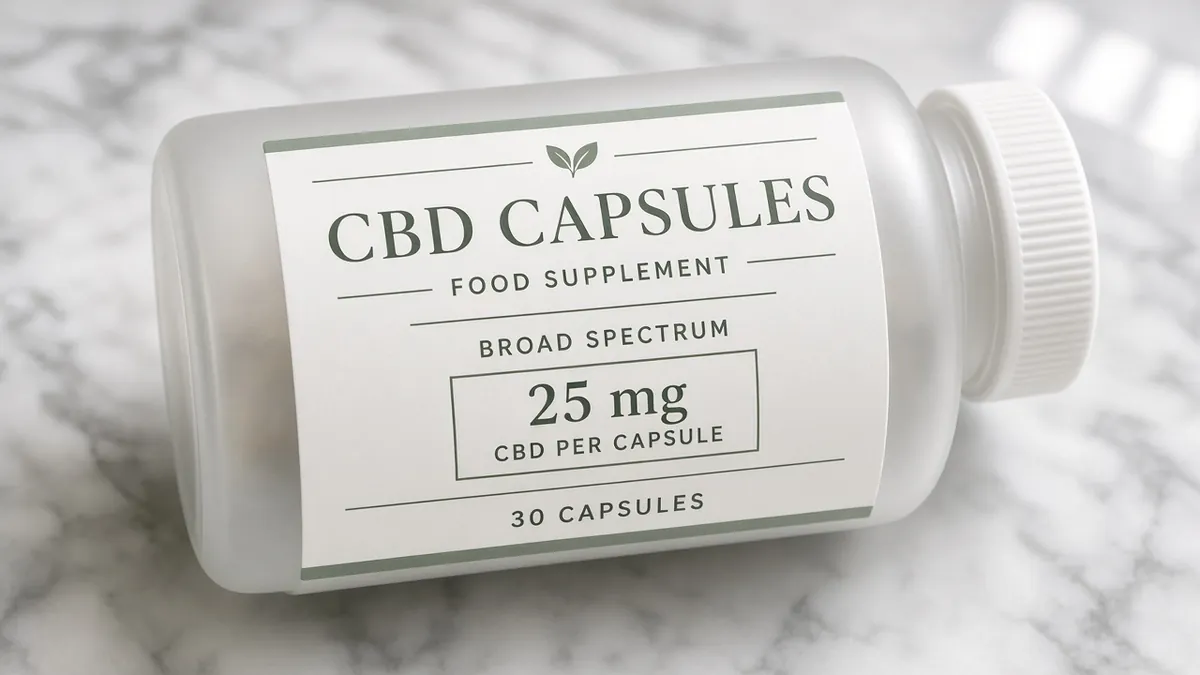 Close-up of a CBD capsule bottle label showing 25 mg per capsule
