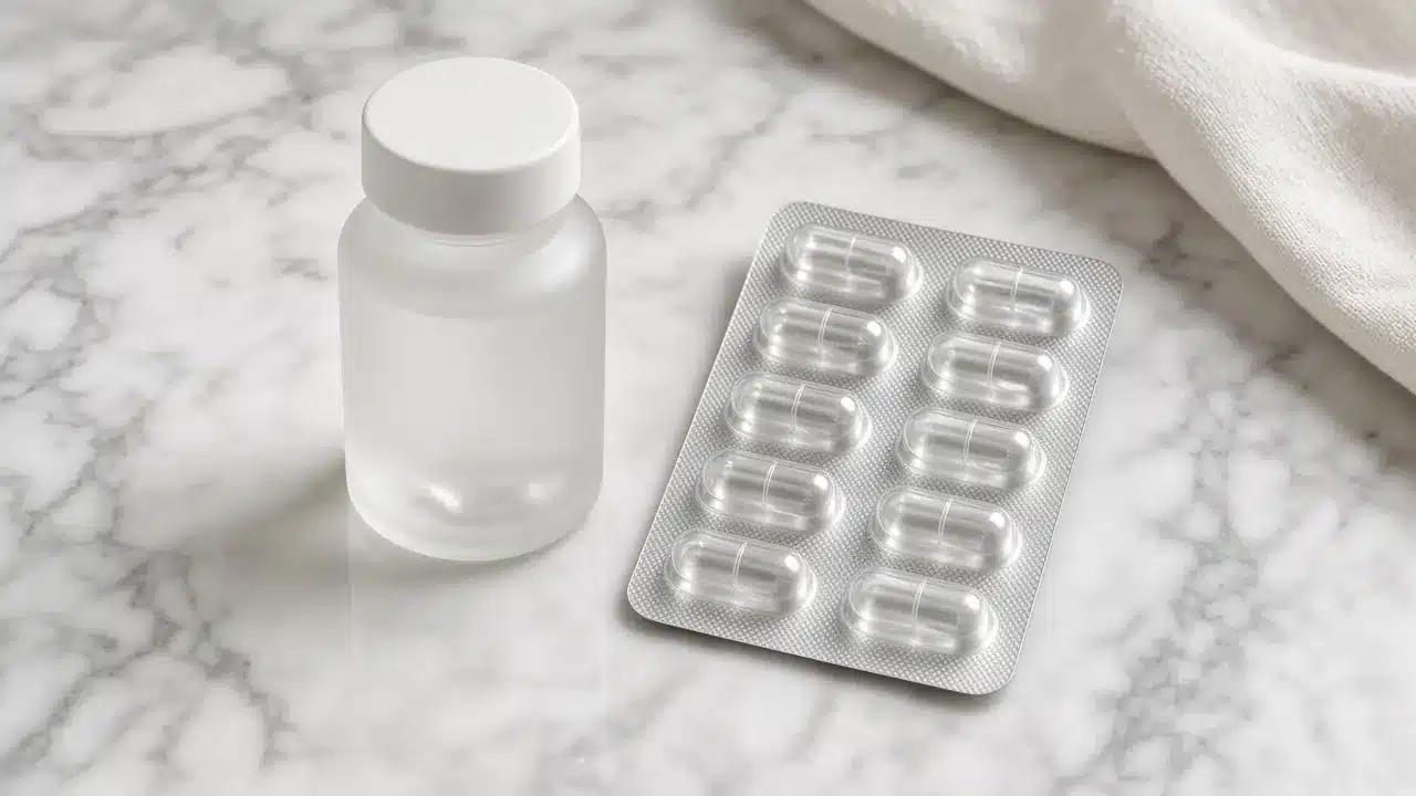 CBD capsules UK in a bottle and blister pack on a clean surface