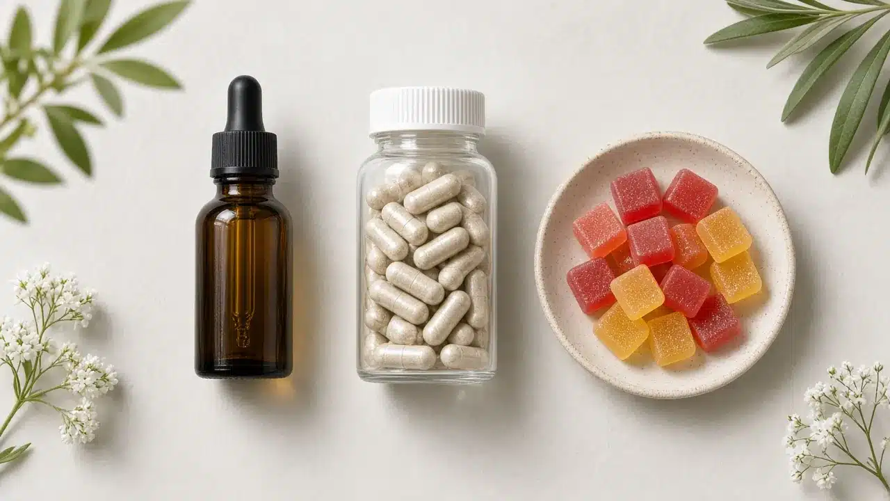 CBD capsules beside a CBD oil bottle and CBD gummies for format comparison