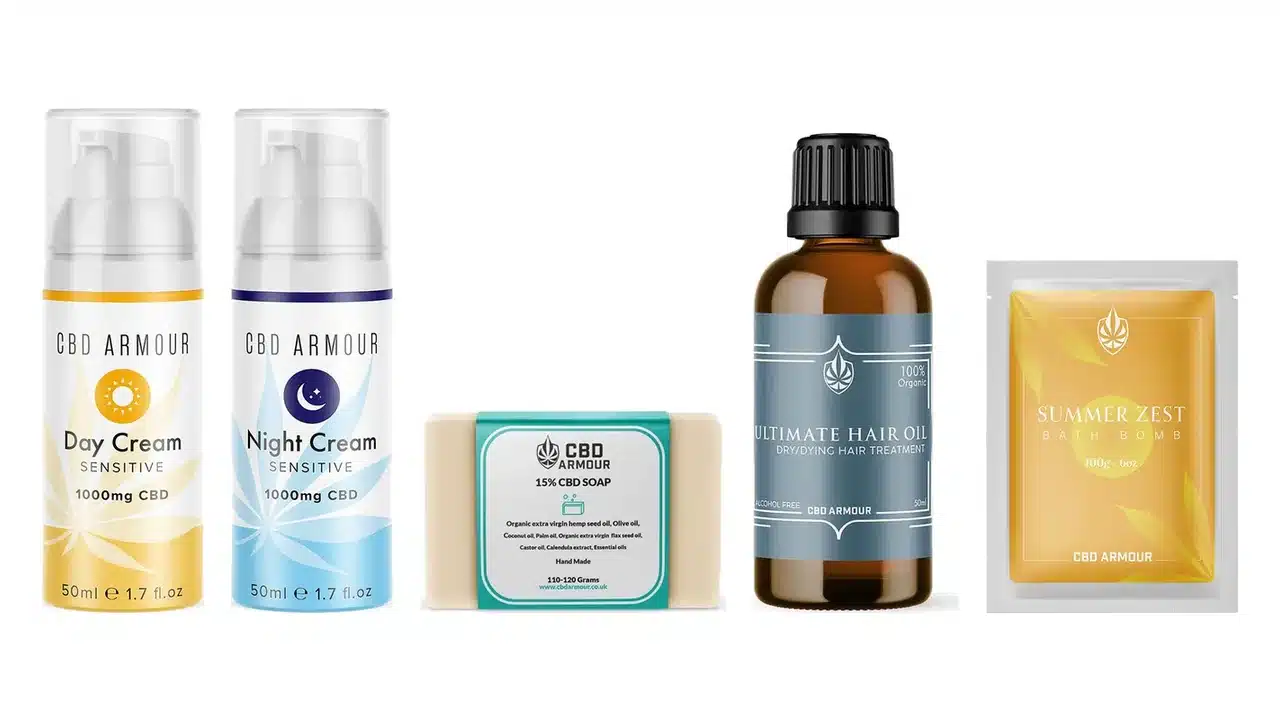 CBD Armour cosmetics: day cream, night cream, soap bar, hair oil and bath bomb