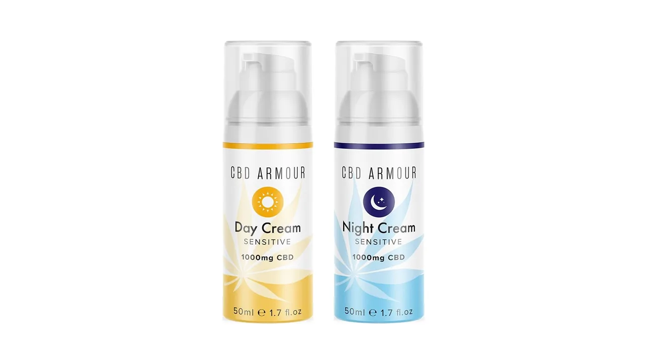 CBD Armour day cream and night cream pump bottles side by side