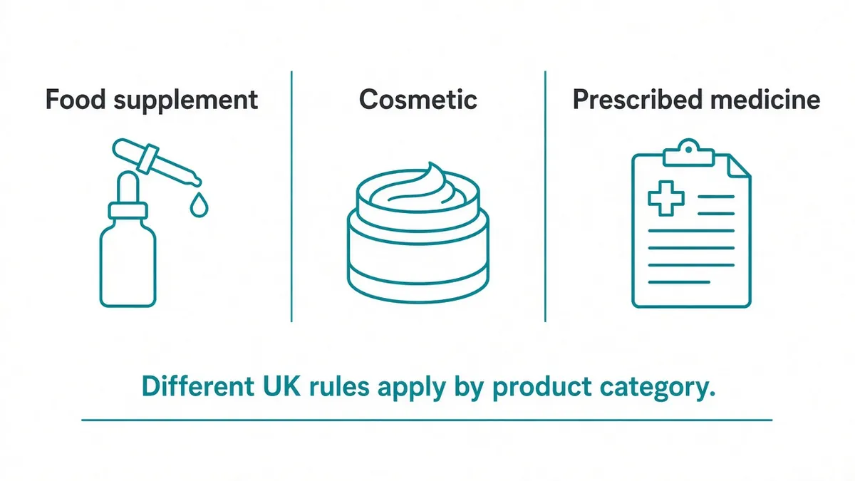 Diagram showing three UK product categories for CBD: food supplement, cosmetic and prescribed medicine