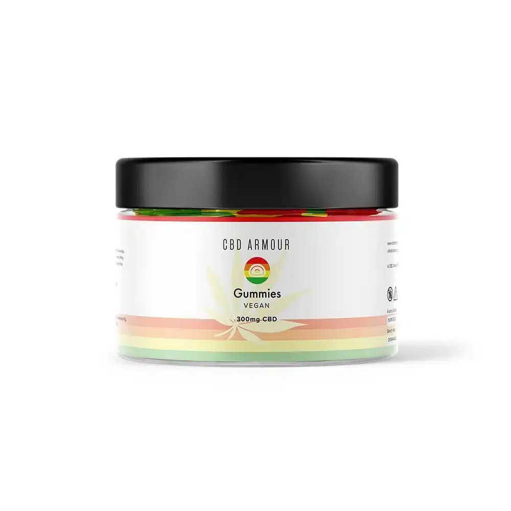 CBD Armour vegan CBD gummies jar label showing Gummies, VEGAN and 300 mg CBD