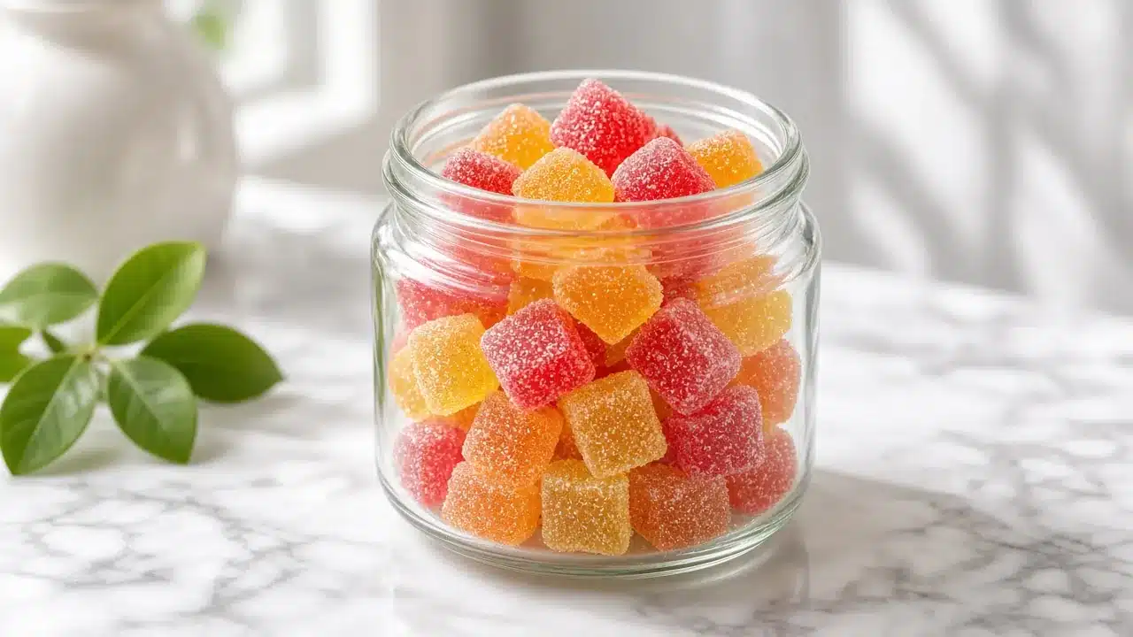 CBD gummies UK in an open jar on a clean surface