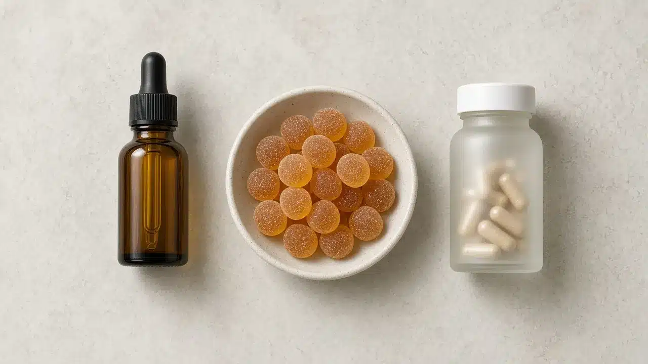 CBD gummies beside a CBD oil bottle and CBD capsules for format comparison