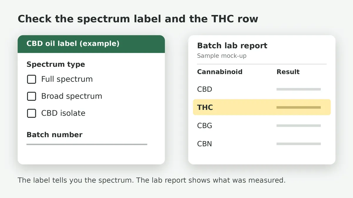 Example CBD oil label with spectrum type tick boxes beside a mock-up batch lab report with the THC row highlighted and no result values