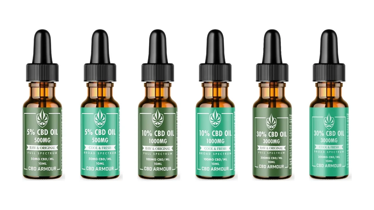 Raw & Original and Cool & Fresh CBD oil bottles in 5%, 10% and 30%