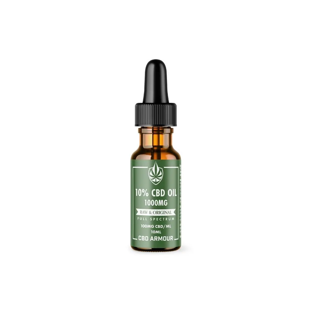 CBD Armour Raw & Original 10% CBD oil 10ml bottle with a label showing 1000mg, full spectrum and 100mg CBD per ml