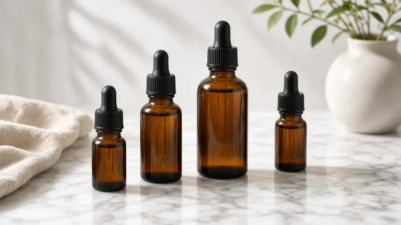Amber CBD oil dropper bottles in different sizes on a marble surface
