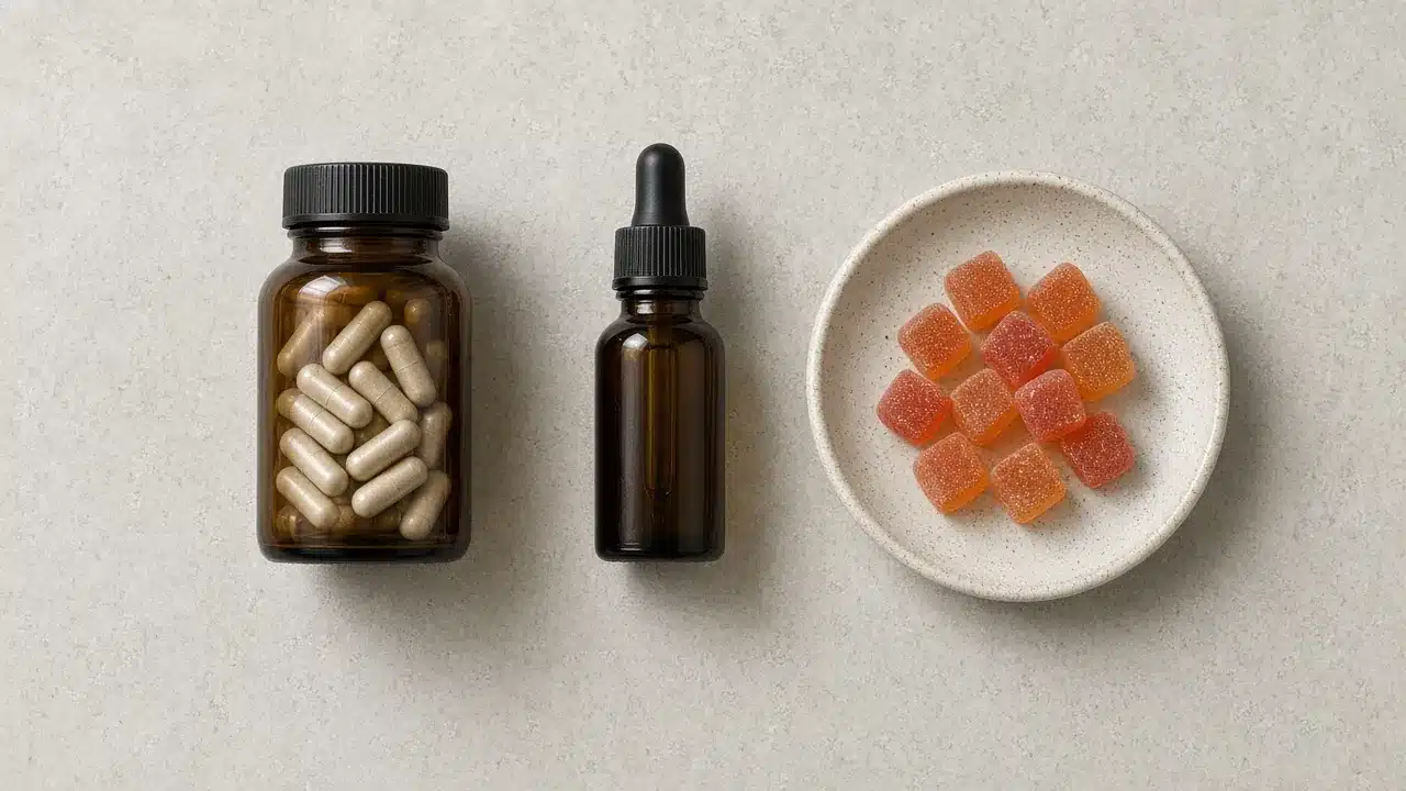 CBD oil dropper bottle beside a jar of CBD capsules and a dish of CBD gummies for format comparison