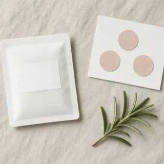 Plain white sachet with a blank label beside a backing card of three round skin-tone patches and a sprig of rosemary on linen