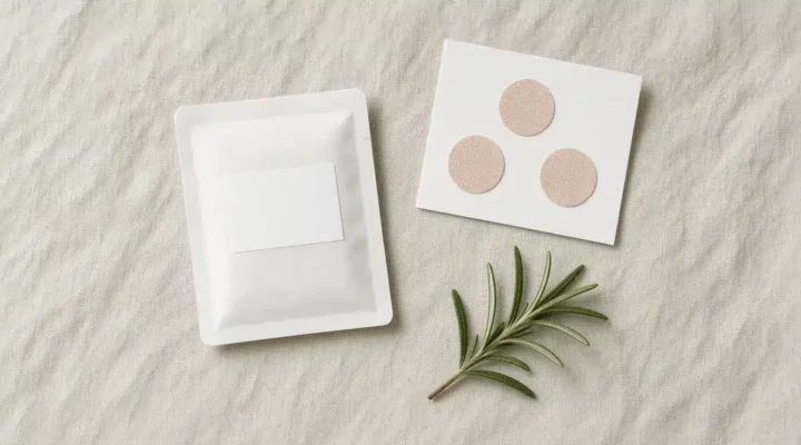 Plain white sachet with a blank label beside a backing card of three round skin-tone patches and a sprig of rosemary on linen