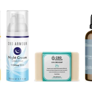 CBD Armour day cream, night cream, soap bar and hair oil on a white background