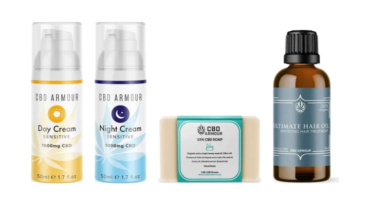CBD Armour day cream, night cream, soap bar and hair oil on a white background