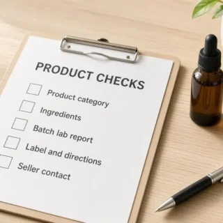 Clipboard checklist for checking a CBD product's category, ingredients, batch lab report, label and seller contact