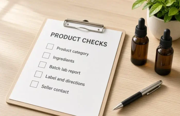 Clipboard checklist for checking a CBD product's category, ingredients, batch lab report, label and seller contact