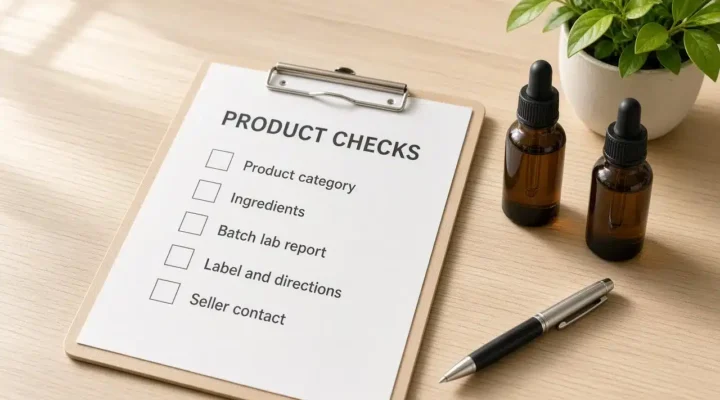 Clipboard checklist for checking a CBD product's category, ingredients, batch lab report, label and seller contact
