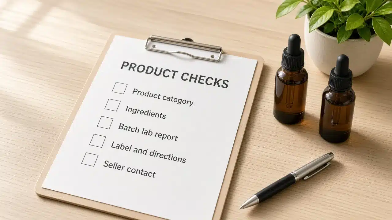 Clipboard checklist for checking a CBD product's category, ingredients, batch lab report, label and seller contact