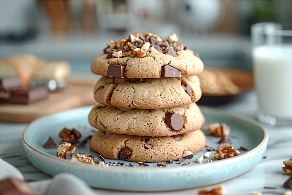 Stack of cookies topped with chocolate pieces on a blue plate