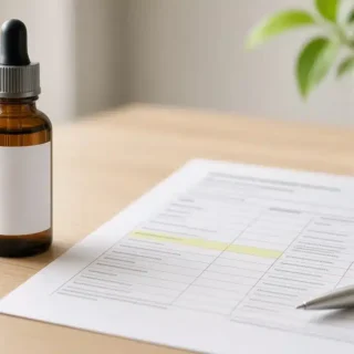 Amber dropper bottle with a blank label beside a printed lab report with one highlighted row and a silver pen on a wooden desk