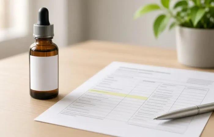 Amber dropper bottle with a blank label beside a printed lab report with one highlighted row and a silver pen on a wooden desk