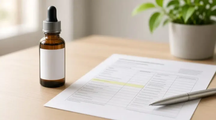 Amber dropper bottle with a blank label beside a printed lab report with one highlighted row and a silver pen on a wooden desk