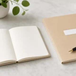 Open notebook, folder and pen on a marble desk, representing CBD product label and workplace policy checks in the UK