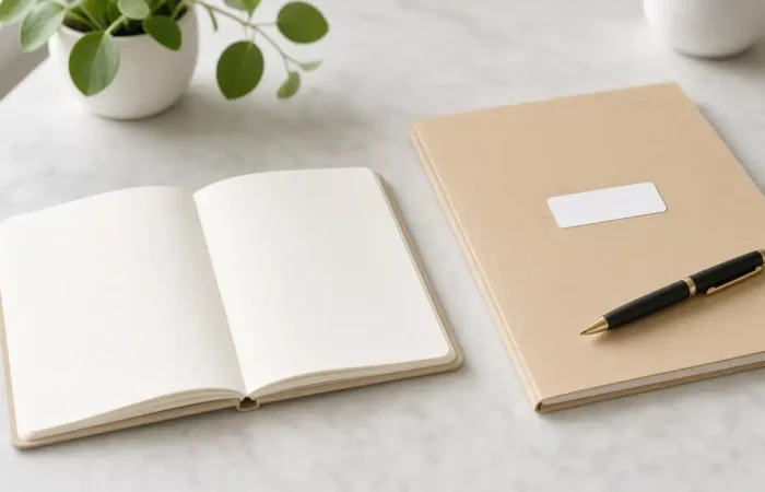 Open notebook, folder and pen on a marble desk, representing CBD product label and workplace policy checks in the UK