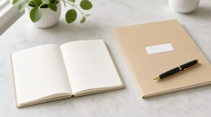 Open notebook, folder and pen on a marble desk, representing CBD product label and workplace policy checks in the UK