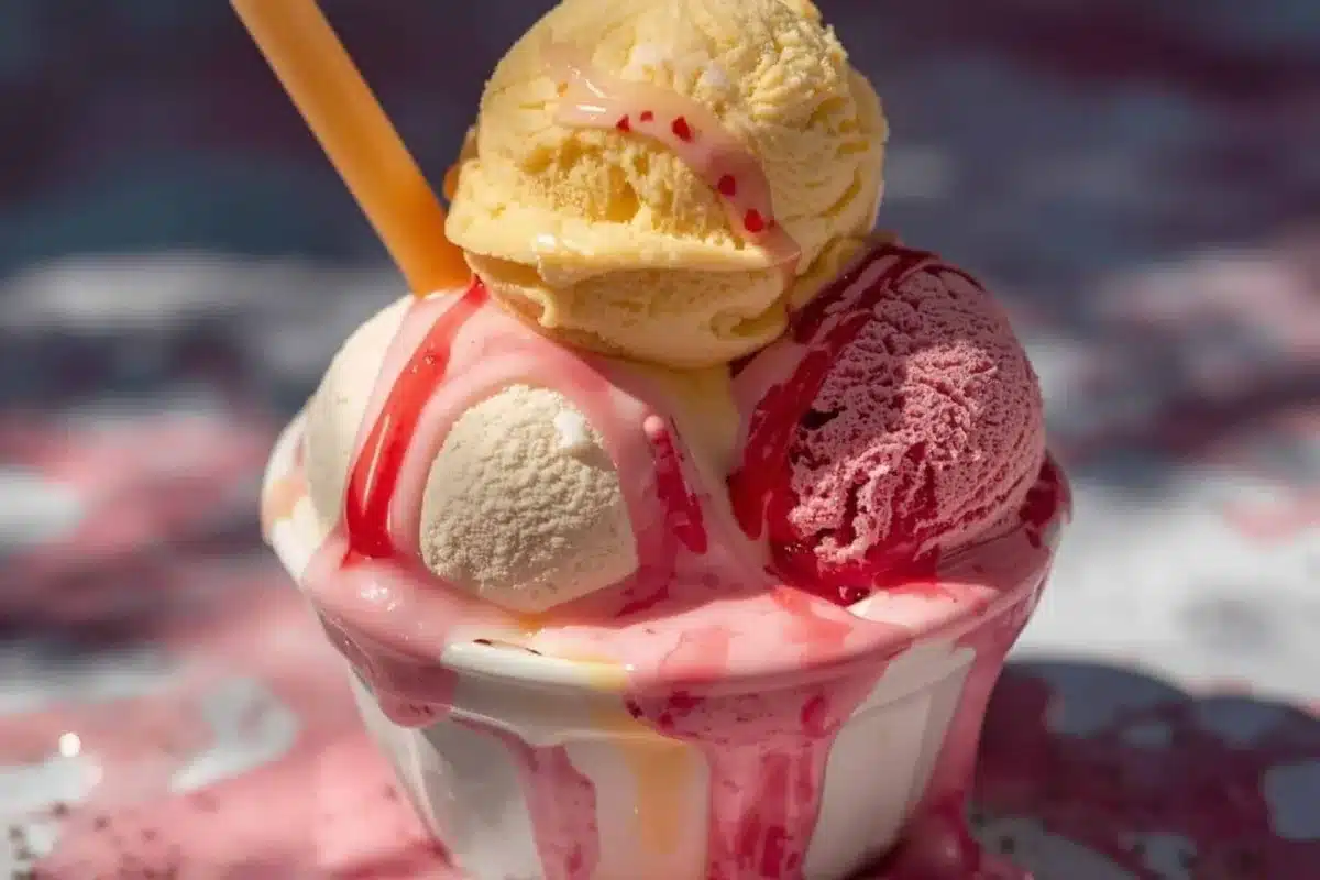 Scoops of vanilla and pink ice cream in a sundae glass with a wafer straw