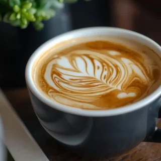 Latte with leaf-shaped milk art in a dark grey mug