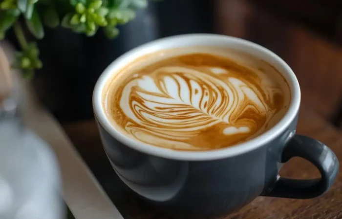 Latte with leaf-shaped milk art in a dark grey mug