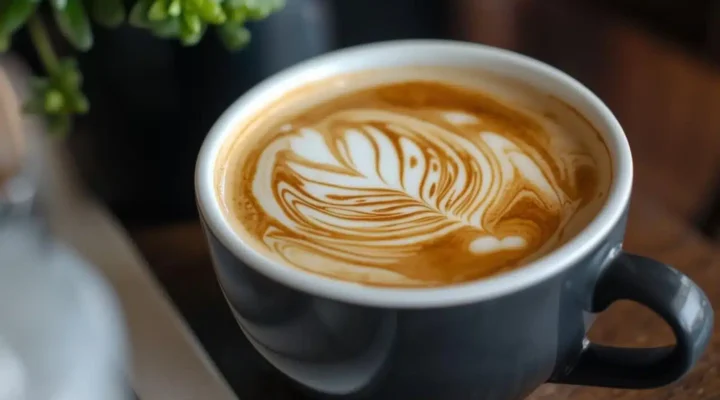 Latte with leaf-shaped milk art in a dark grey mug