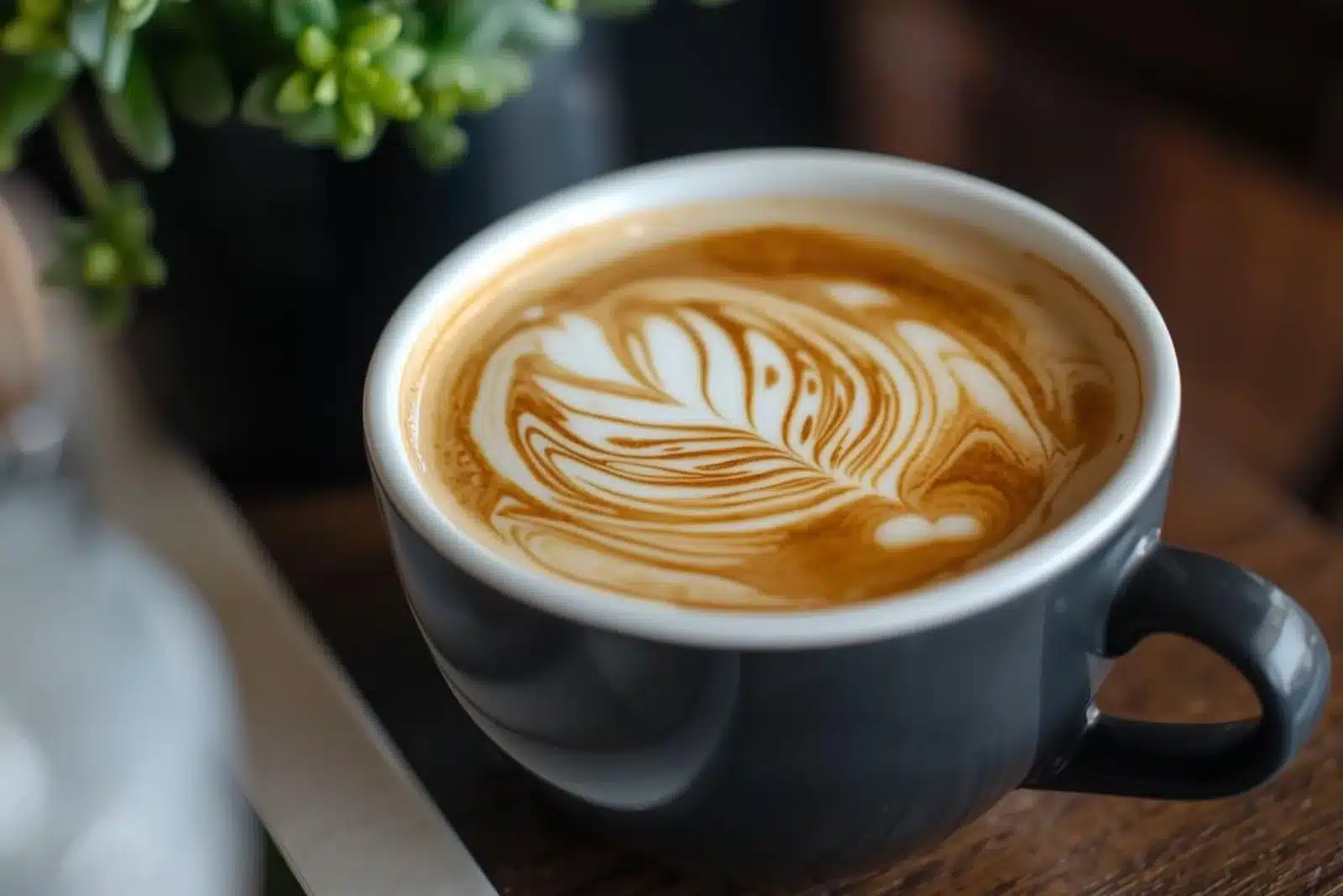 Latte with leaf-shaped milk art in a dark grey mug